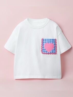 ZARA (3T) KIDS Wave Pocket T-Shirt White Pink Blue Applique Heart NWT Size 3T